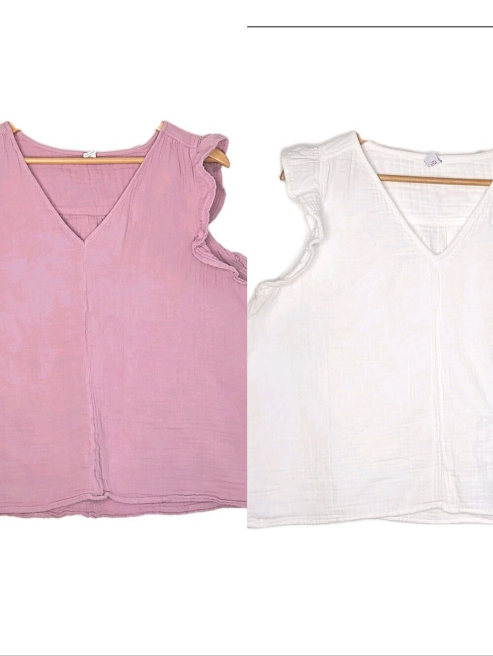 Lot/2 Old Navy Ruffle Crinkle Gauze Blouse XL VNeck Sleeveless Pink White Womens